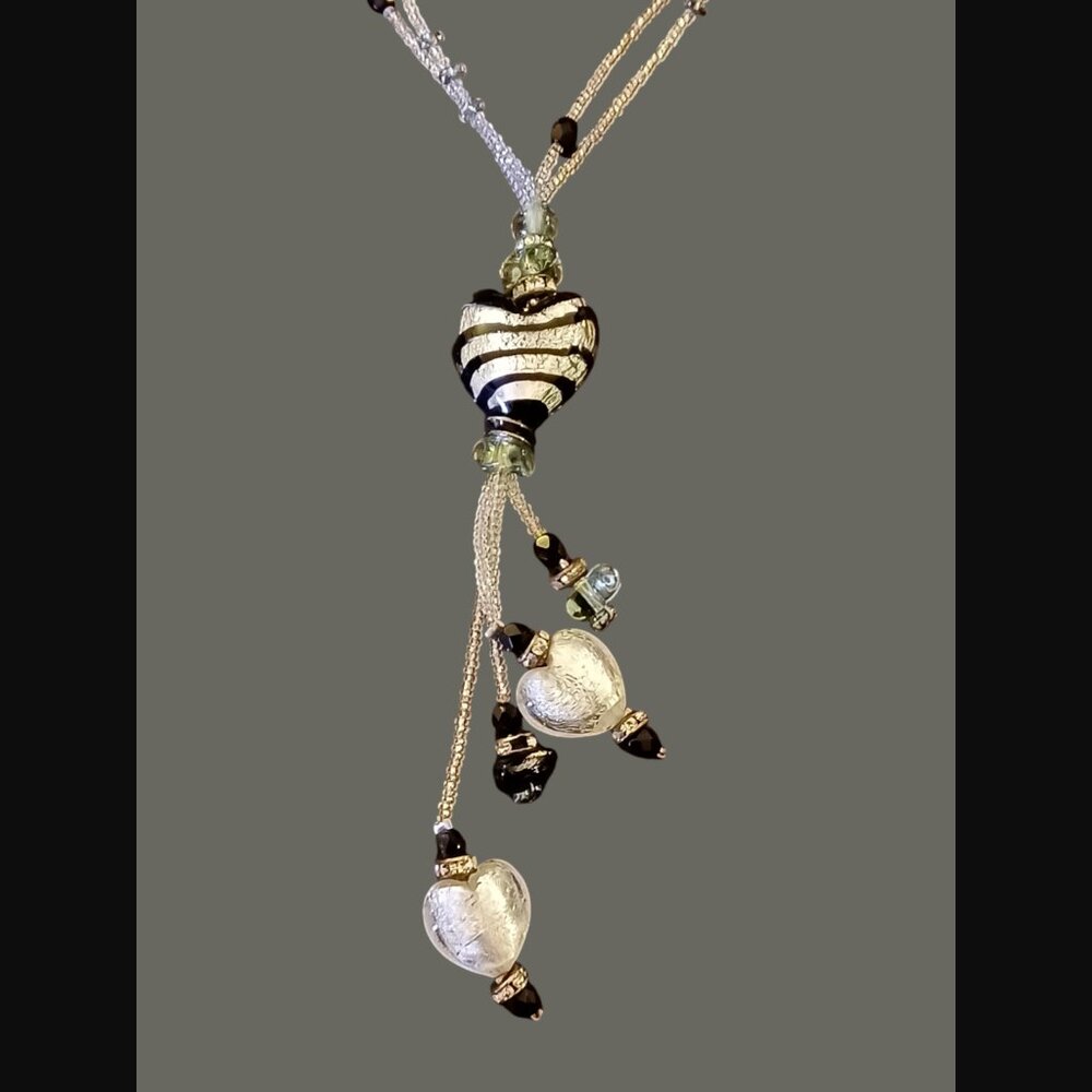 Murrina Antica Silver Tone Seed Bead Art Glass Heart Drop Dangle Necklace 25.25"